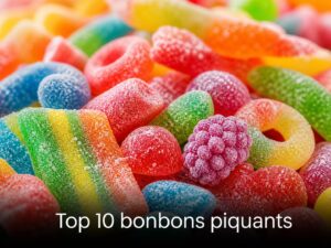 Tas vibrant de bonbons acidulés multicolores à la surface sucrée, certains nets et d'autres flous, éclairés latéralement, avec le texte 'Top 10 bonbons piquants' en bas.