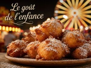 Des croustillons dorés saupoudrés de sucre glace sur une assiette en bois rustique, avec en arrière-plan flou des lumières de fête foraine et une grande roue, et le texte 'Le goût de l'enfance' superposé avec une ombre portée.