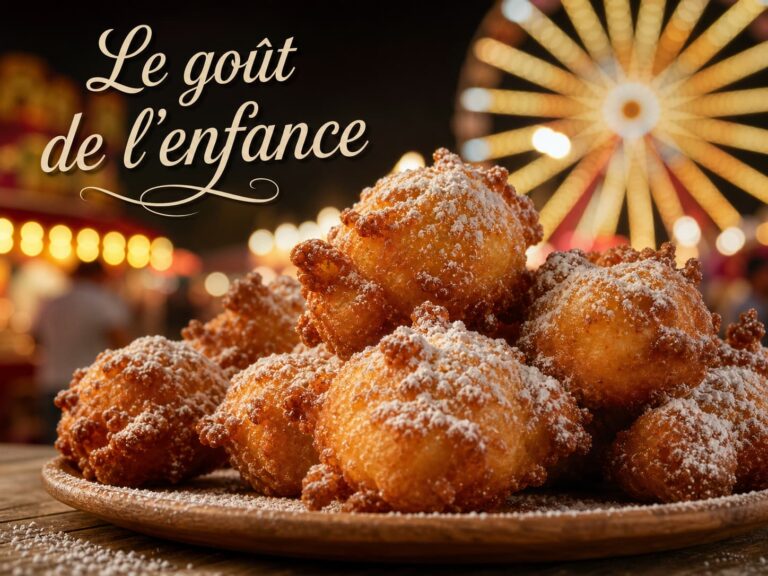 Des croustillons dorés saupoudrés de sucre glace sur une assiette en bois rustique, avec en arrière-plan flou des lumières de fête foraine et une grande roue, et le texte 'Le goût de l'enfance' superposé avec une ombre portée.