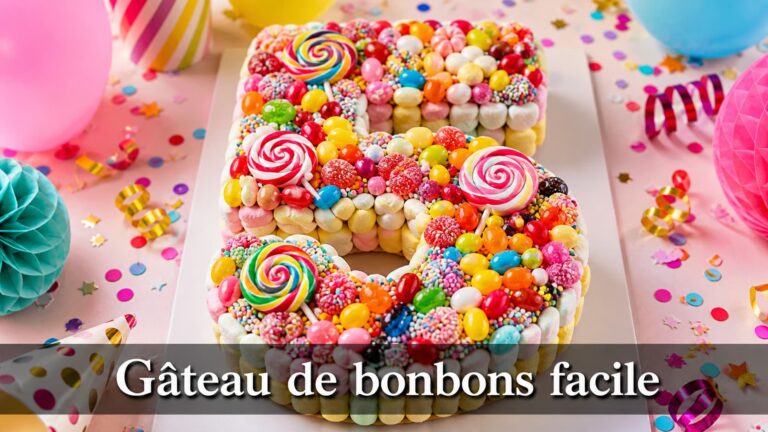 Un gâteau coloré en forme de grand chiffre, recouvert de bonbons variés tels que chamallows, bonbons gélifiés et sucettes, sur une table festive parsemée de confettis, avec le texte superposé 'Gâteau de bonbons facile' sur un fond sombre semi-transparent en bas.