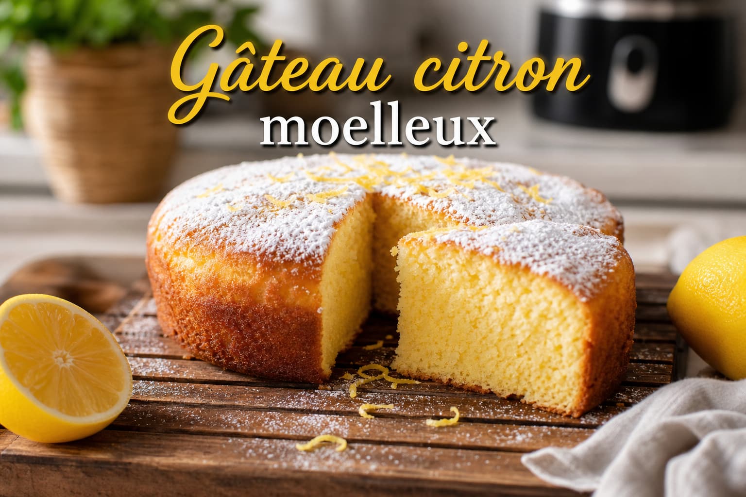 Gâteau au citron doré sur une grille en bois, saupoudré de sucre glace, une tranche coupée révèle une mie moelleuse, lumière naturelle douce, arrière-plan de cuisine moderne flou, avec le texte