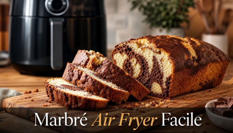 Gâteau marbré moelleux tranché avec marbrure vanille-chocolat, planche en bois, miettes, air fryer flou en arrière-plan et texte superposé 'Marbré Air Fryer Facile'.