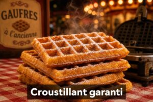 Une pile de gaufres dorées et croustillantes saupoudrées de sucre glace, sur une nappe à carreaux rouges et blancs, avec des lumières de fête foraine floues, un gaufrier vintage en arrière-plan, de la vapeur qui s'élève, et le texte 'Croustillant garanti' superposé en bas.