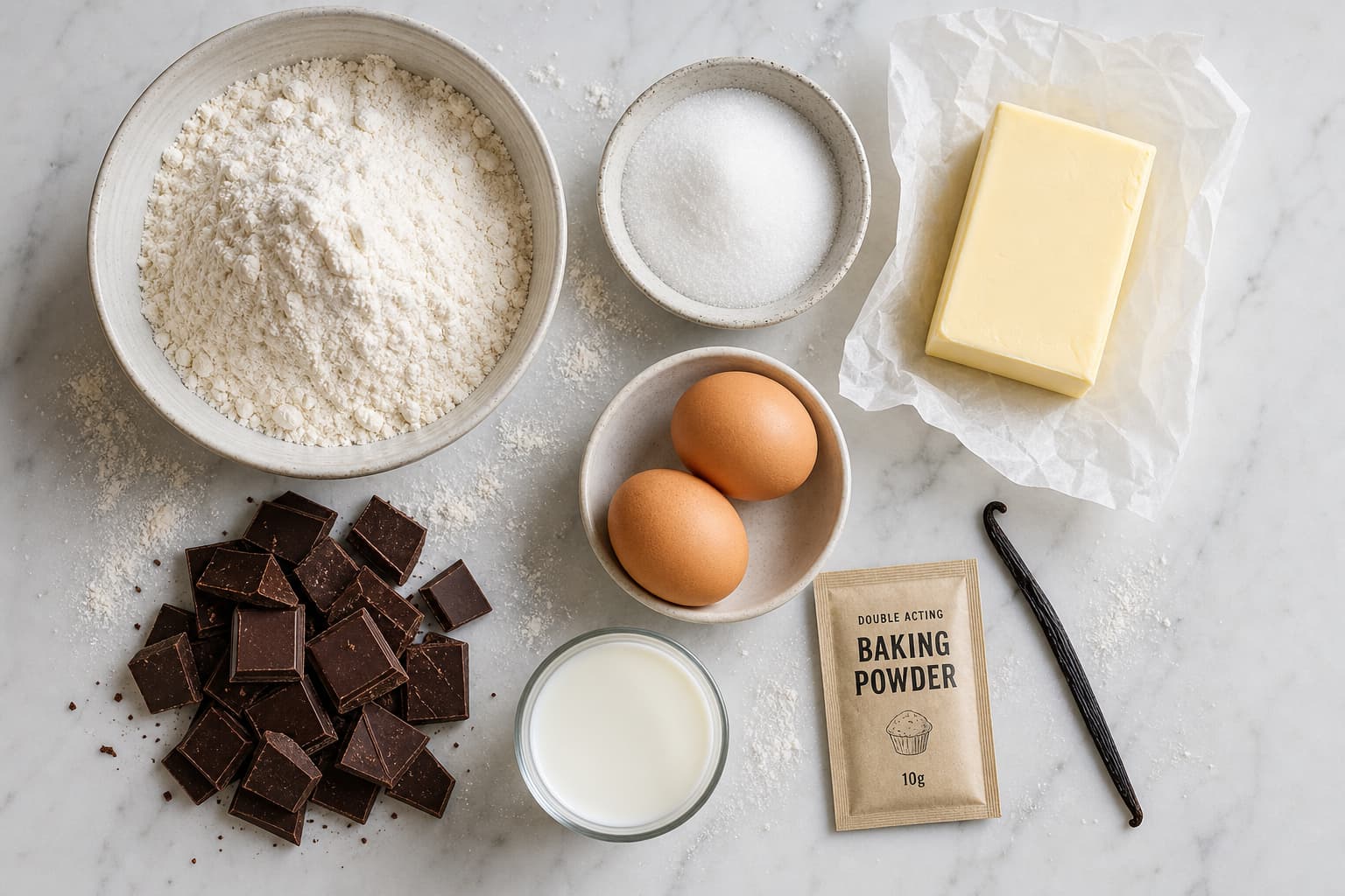 Vue de dessus des ingrédients pour un gâteau marbré : farine, sucre, beurre, œufs, chocolat, lait, levure et gousse de vanille sur un marbre clair.