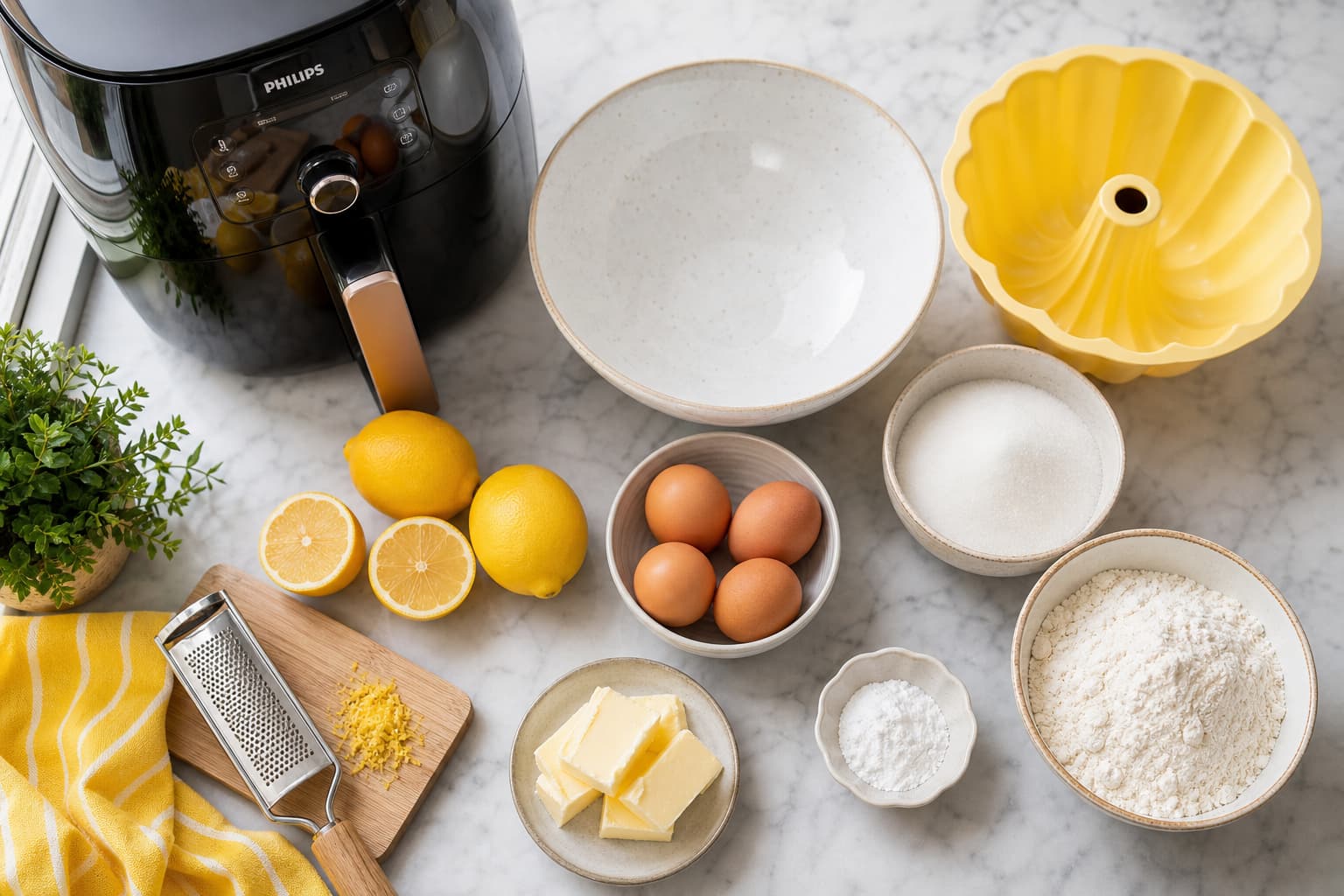 Ingrédients pour un gâteau au citron disposés à plat avec un bol en céramique, un moule en silicone et un air fryer sur un comptoir en marbre clair.