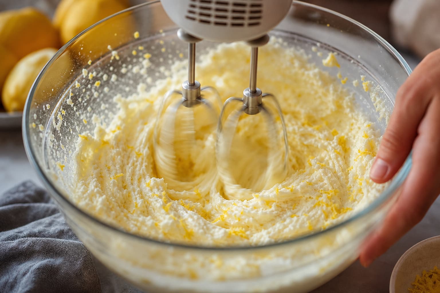 Une main bat du beurre et du sucre dans un bol en verre à l
