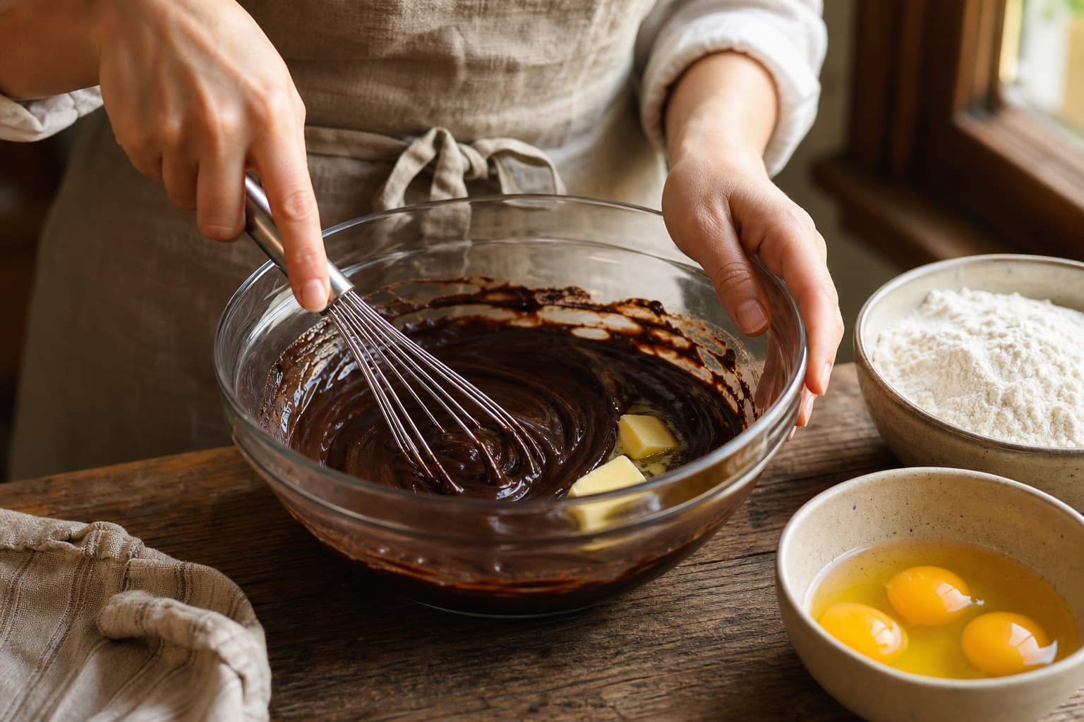 Mains d’une femme mélangeant du chocolat noir fondu et du beurre dans un bol en verre, avec un fouet, de la farine et des œufs visibles sur une table en bois, lumière naturelle, gros plan sur le mélange brillant.