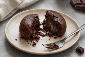 Un moelleux au chocolat coupé en deux, avec un cœur fondant et de la vapeur qui s'élève, disposé sur une assiette, vu du dessus avec une fourchette à proximité dans une cuisine moderne.