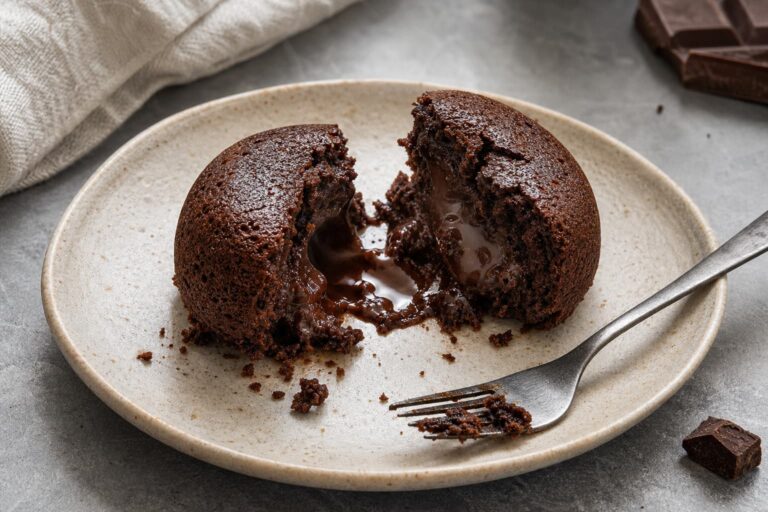 Un moelleux au chocolat coupé en deux, avec un cœur fondant et de la vapeur qui s'élève, disposé sur une assiette, vu du dessus avec une fourchette à proximité dans une cuisine moderne.