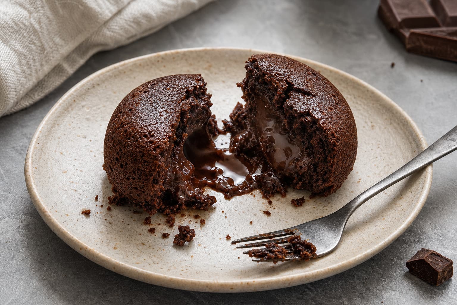 Un moelleux au chocolat coupé en deux, avec un cœur fondant et de la vapeur qui s