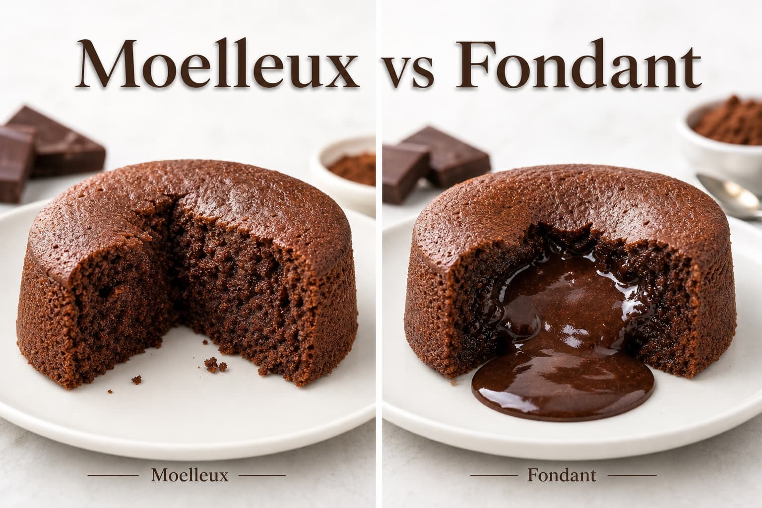 Deux petits gâteaux au chocolat sur assiettes blanches, un moelleux à intérieur cuit à gauche et un fondant au cœur coulant à droite, avec texte superposé