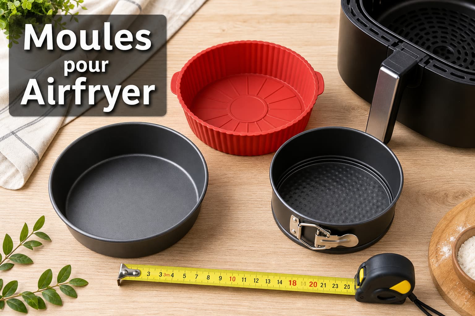 Trois moules à gâteau compatibles Airfryer, dont un en silicone, un en métal antiadhésif et un moule à fond amovible, disposés sur une surface en bois clair avec un ruban de mesure indiquant 18-20 cm de diamètre, un panier d