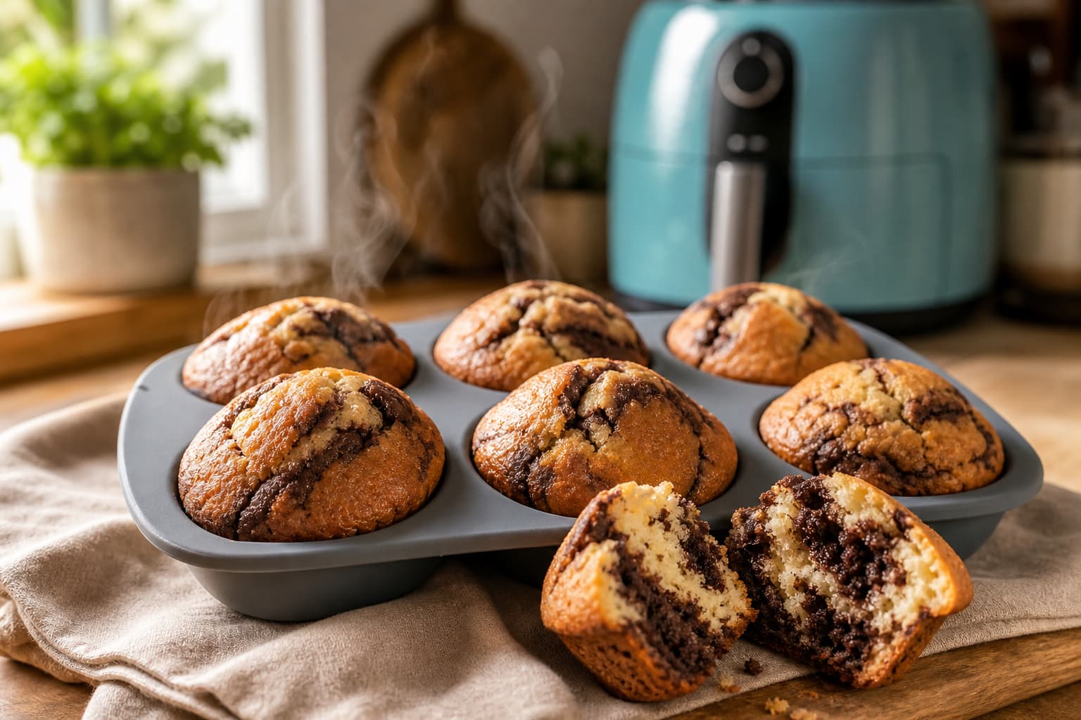 Six muffins marbrés parfaitement cuits dans un moule en silicone, vapeur s