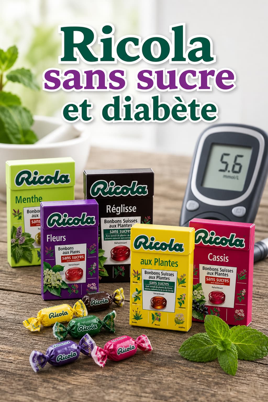 Bonbons Ricola sans sucre de différentes couleurs dispersés sur une table en bois, avec un glucomètre et une feuille de menthe en arrière-plan, et le texte