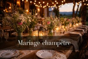 Table de mariage champêtre avec chemin de table en toile de jute, compositions de fleurs sauvages, lanternes à bougies, guirlandes lumineuses suspendues et texte 'Mariage champêtre' en semi-transparence sur fond sombre.