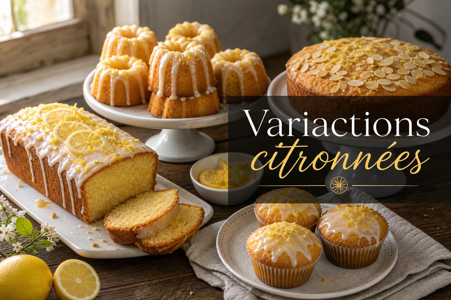 Quatre variations de gâteau au citron disposées sur une table en bois rustique, avec un texte superposé