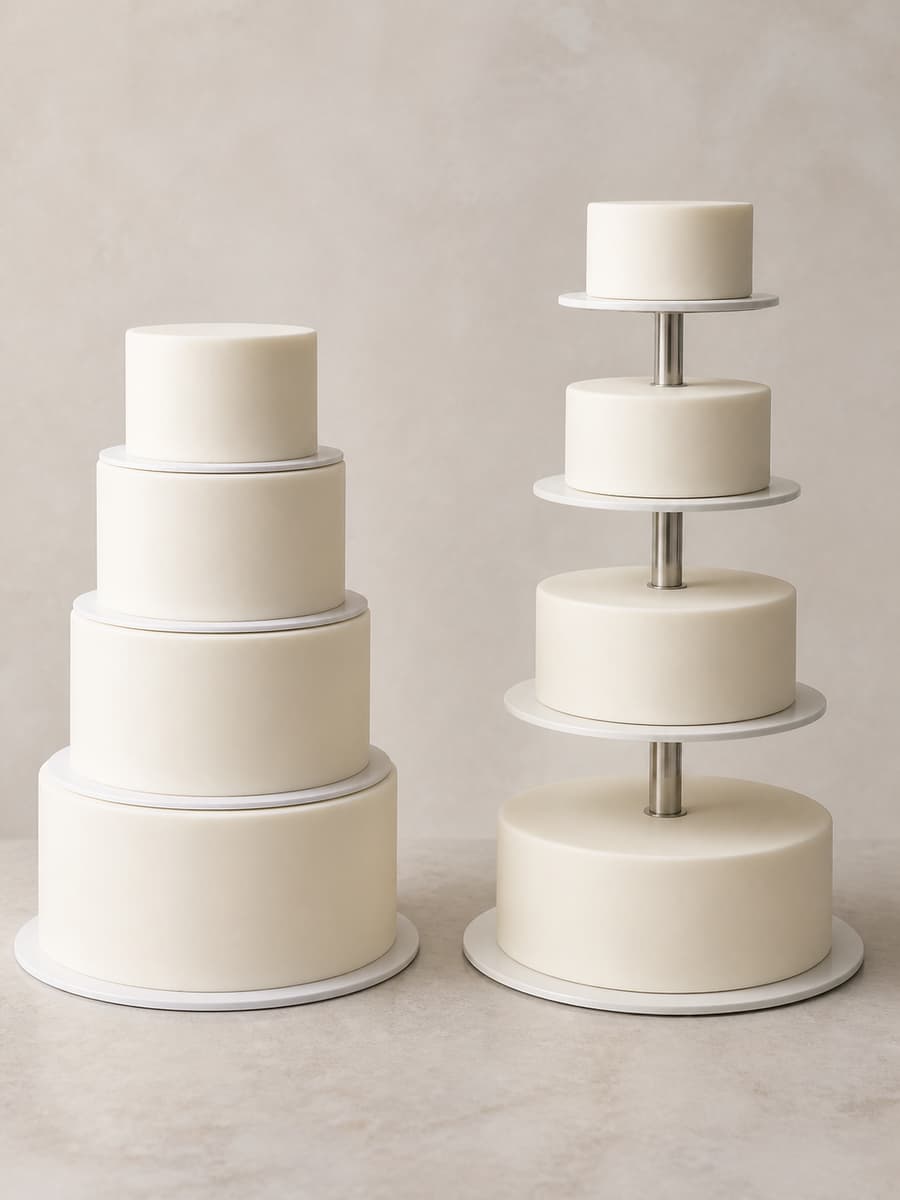 comparaison-superposition-gateaux-quatre-niveaux Comparaison côte à côte de quatre gâteaux ronds de diamètres décroissants empilés à gauche et de quatre desserts sur un présentoir à étages à droite.