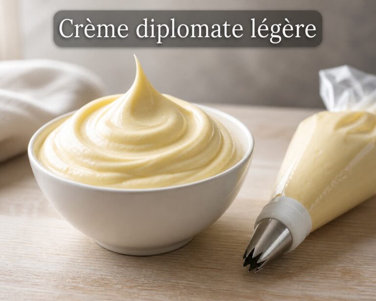 Bol de crème diplomate lisse et aérienne de couleur jaune pâle, avec un bec souple, à côté d'une poche à douille, et le texte 'Crème diplomate légère' en surimpression.