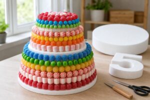 Gâteau de bonbons coloré posé sur un support en polystyrène blanc à étages, avec des formes rondes et chiffrées vierges en arrière-plan sur un plan de travail propre.
