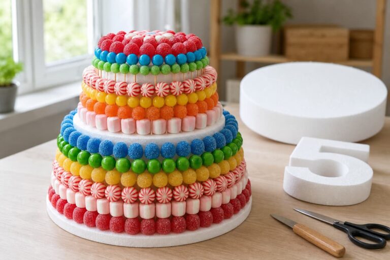 Gâteau de bonbons coloré posé sur un support en polystyrène blanc à étages, avec des formes rondes et chiffrées vierges en arrière-plan sur un plan de travail propre.