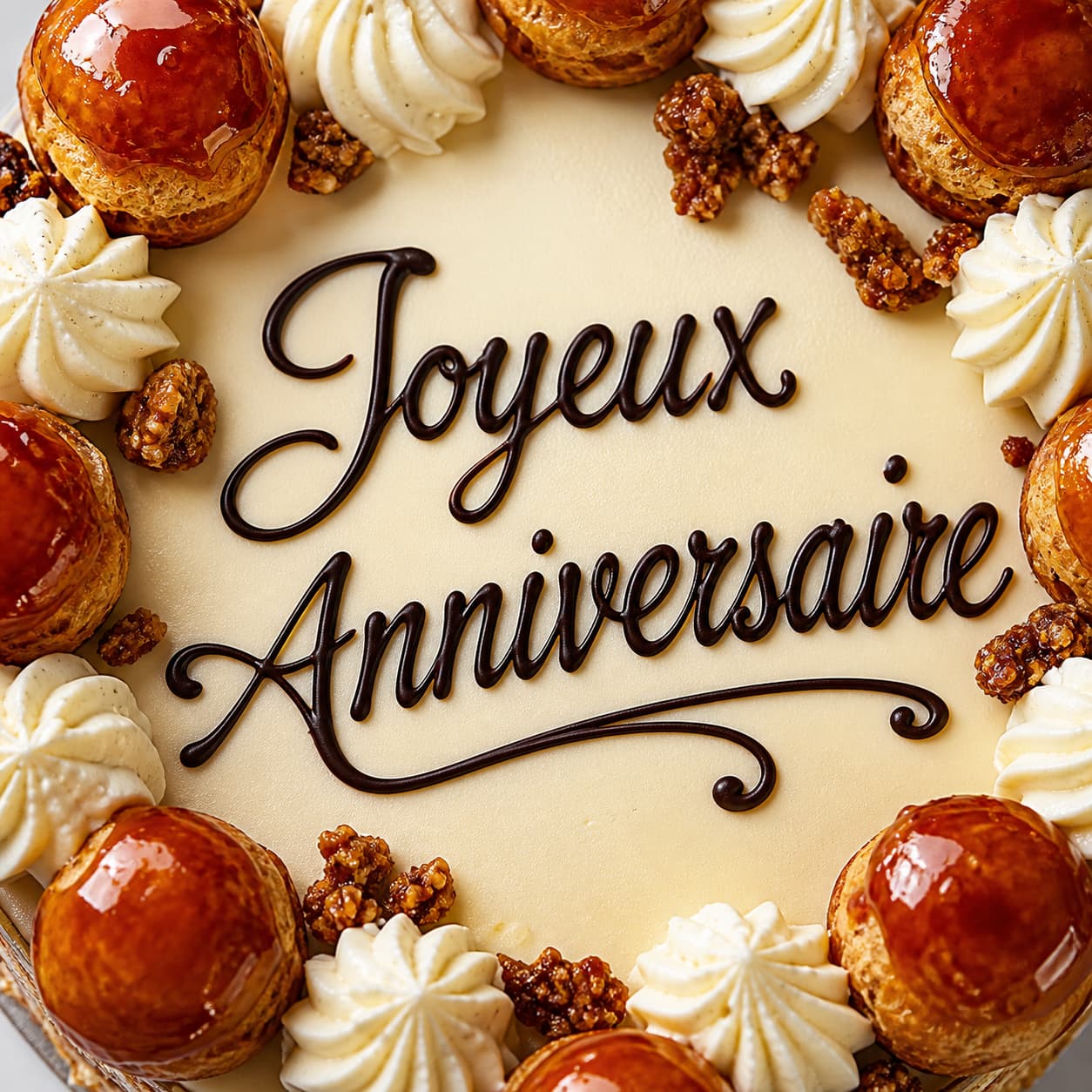 Gros plan sur le dessus d’un Saint-Honoré affichant une inscription en chocolat
