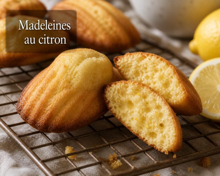 Gros plan sur des madeleines au citron entières et coupées, disposées sur une grille, montrant leur texture moelleuse et leur couleur dorée, avec le texte "Madeleines au citron" en superposition.