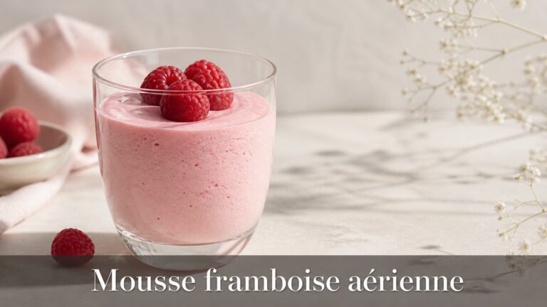 Verrine de mousse rose aérienne surmontée de framboises fraîches, avec le texte « Mousse framboise aérienne » incrusté.