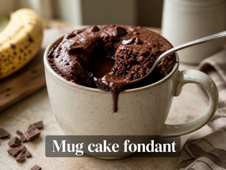 Mug cake banane chocolat tiède dans une tasse en céramique, avec un cœur de chocolat fondu visible à la cuillère et une texture moelleuse aérée, surmonté du texte 'Mug cake fondant'.