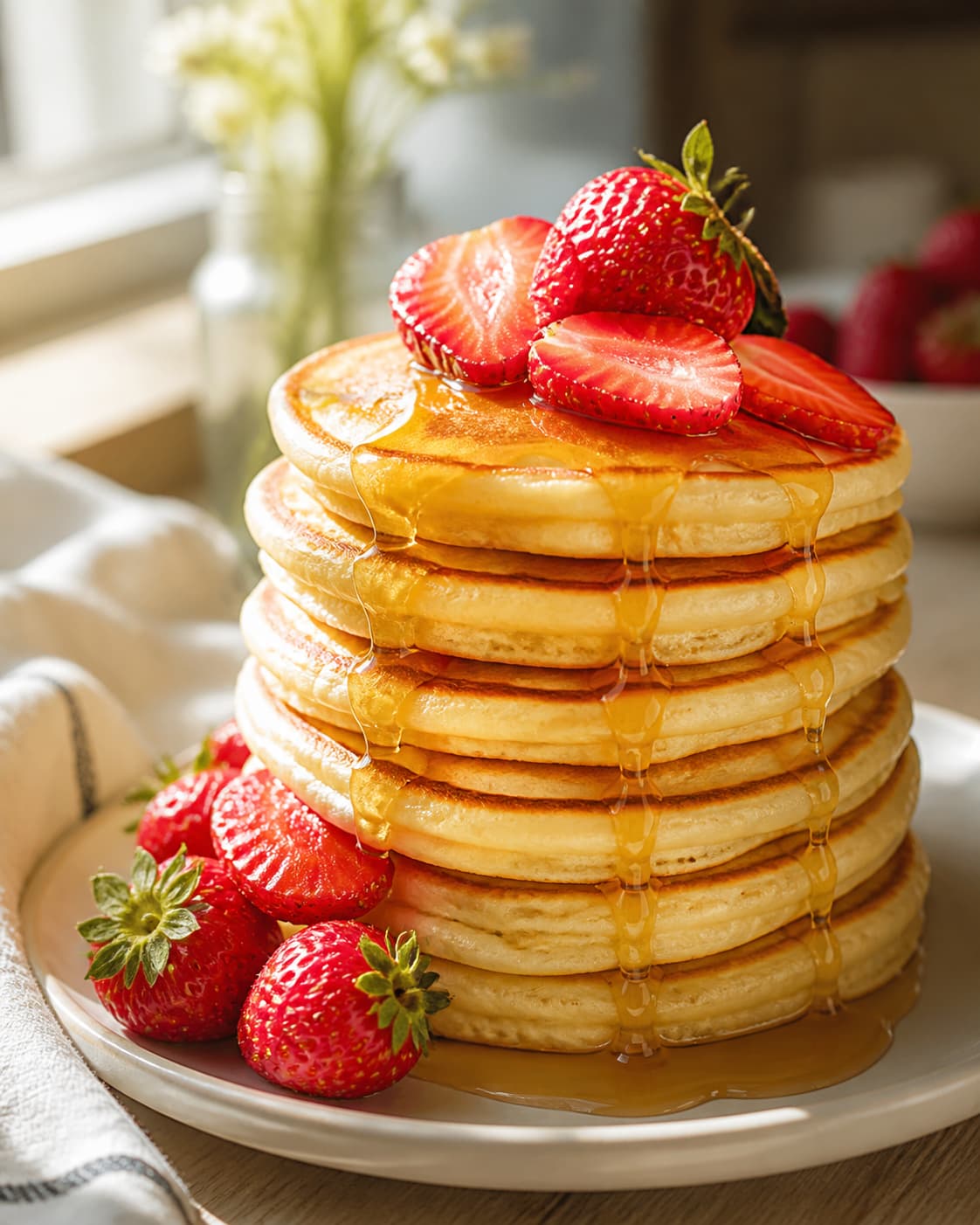 Pancakes dorés empilés, nappés de miel coulant, garnis de fraises fraîches entières et coupées, sur une assiette en céramique.