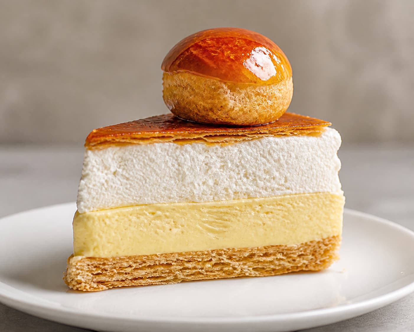 Part de Saint-Honoré coupée nettement, montrant les couches de pâte feuilletée, de crème et un choux caramélisé, sur une assiette blanche.
