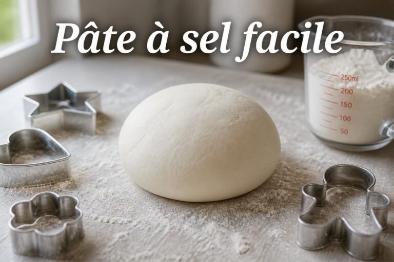 Boule de pâte à sel blanche et lisse posée sur un plan de travail fariné, entourée d'emporte-pièces et d'un verre mesureur, avec le texte « Pâte à sel facile » incrusté.