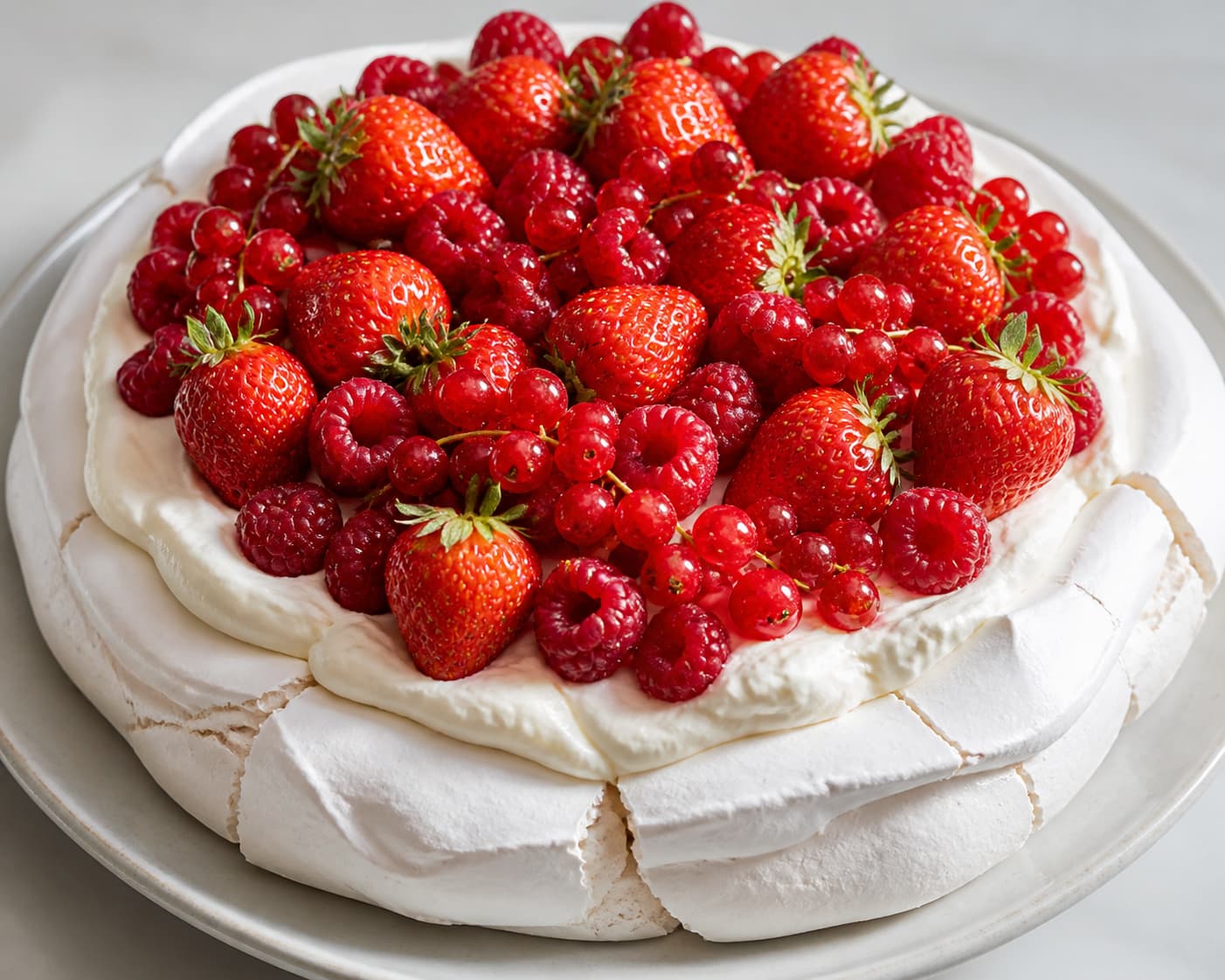 Pavlova entière avec une meringue blanche et croustillante, surmontée de chantilly et d