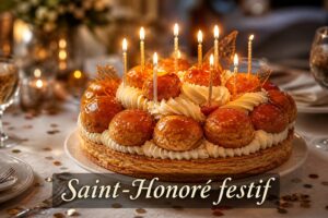 Gâteau Saint-Honoré entier avec des choux caramélisés brillants et des bougies d'anniversaire allumées, disposé sur une table de fête chaleureuse, avec le texte 'Saint-Honoré festif'.