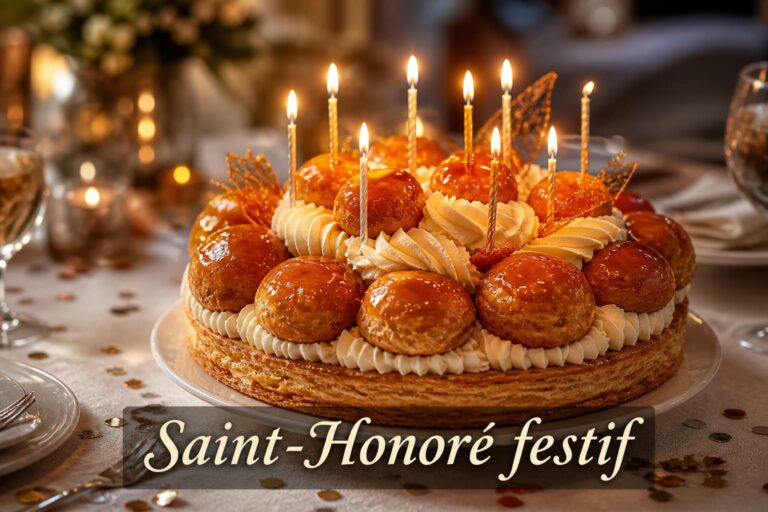 Gâteau Saint-Honoré entier avec des choux caramélisés brillants et des bougies d'anniversaire allumées, disposé sur une table de fête chaleureuse, avec le texte 'Saint-Honoré festif'.