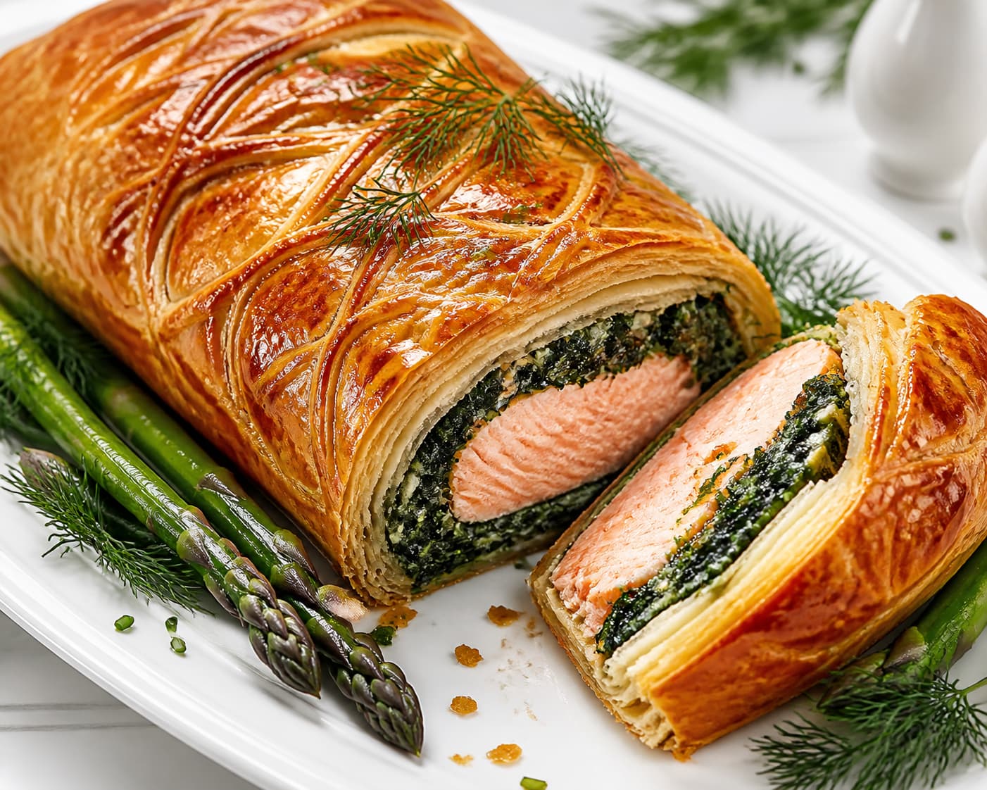 Saumon en croûte feuilletée dorée, tranché avec farce aux épinards et chair rosée, présenté sur un plat avec un accompagnement vert.
