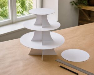 Support de gâteau à trois niveaux recouvert proprement, posé sur une table protégée avec gabarit circulaire, règle et crayon, sans bonbons.