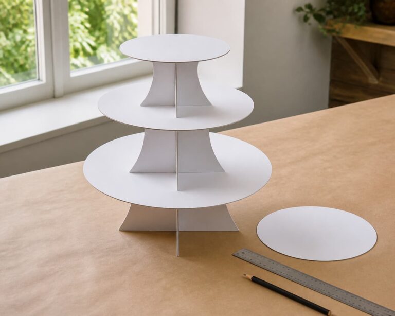 Support de gâteau à trois niveaux recouvert proprement, posé sur une table protégée avec gabarit circulaire, règle et crayon, sans bonbons.