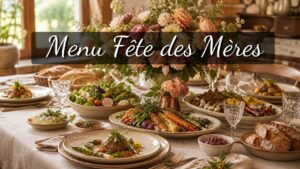 Une table de fête printanière joliment dressée avec des plats colorés, une décoration florale et le texte 'Menu Fête des Mères' affiché en surimpression.