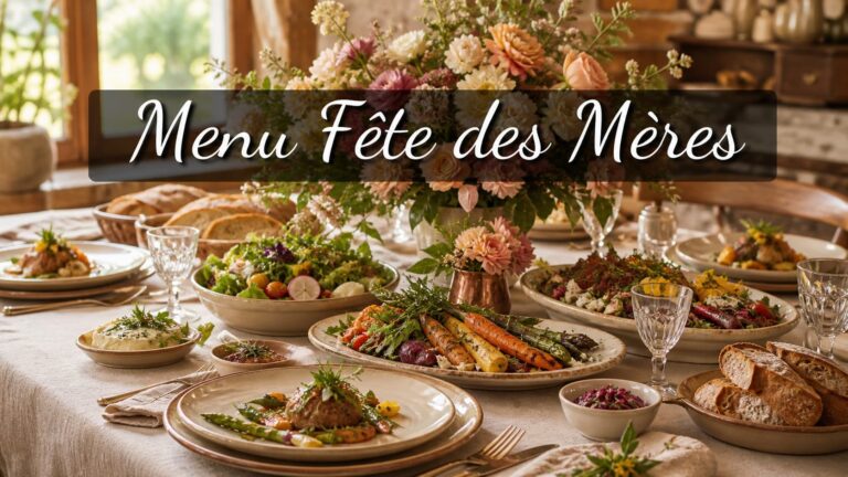 Une table de fête printanière joliment dressée avec des plats colorés, une décoration florale et le texte 'Menu Fête des Mères' affiché en surimpression.