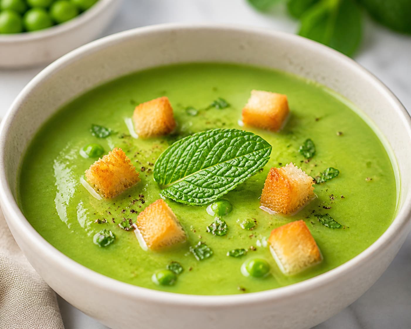 Bol de velouté de petits pois à la menthe, couleur verte intense, surmonté d
