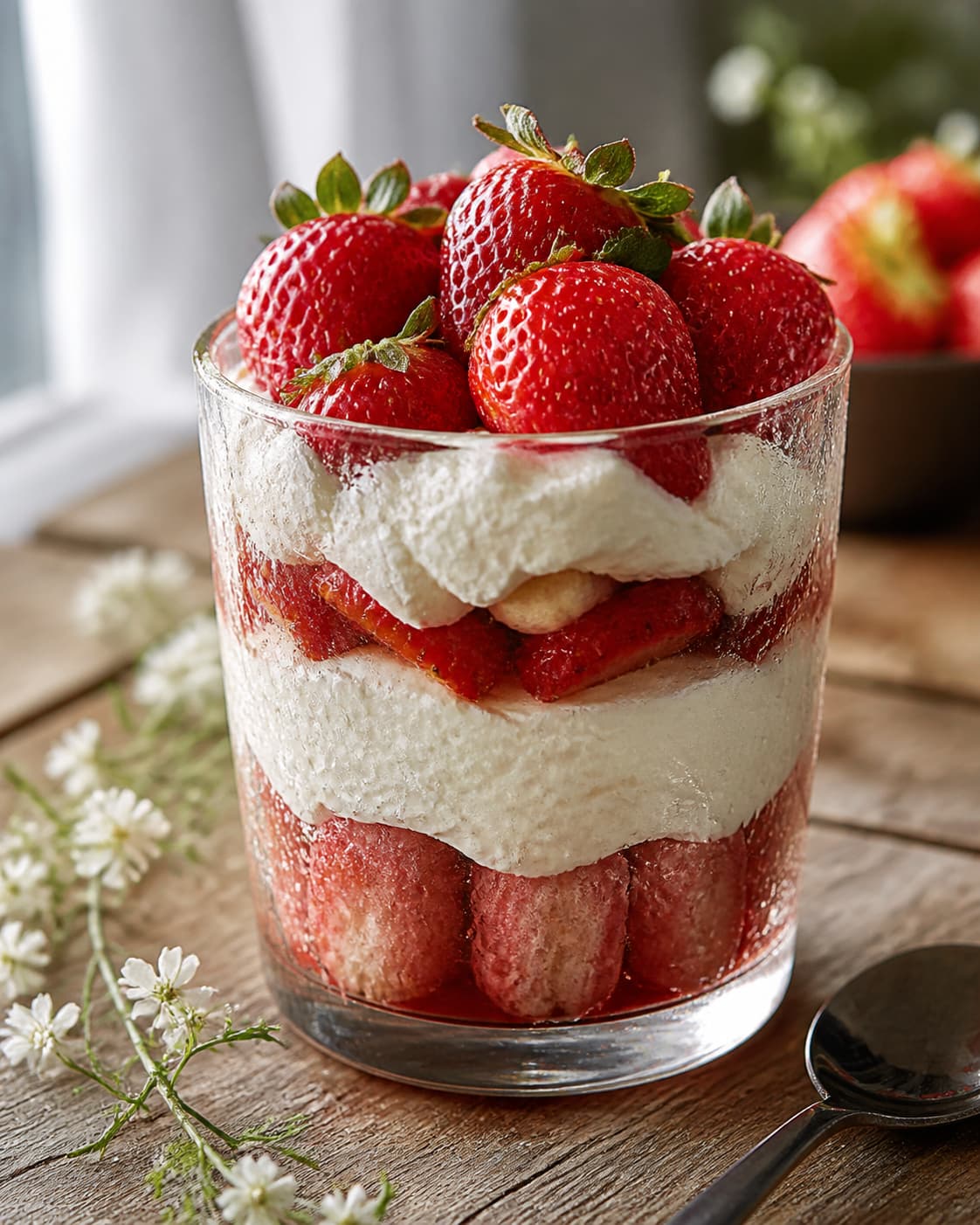 Verrine présentant un tiramisu aux fraises avec ses couches distinctes de crème blanche et de fraises fraîches.
