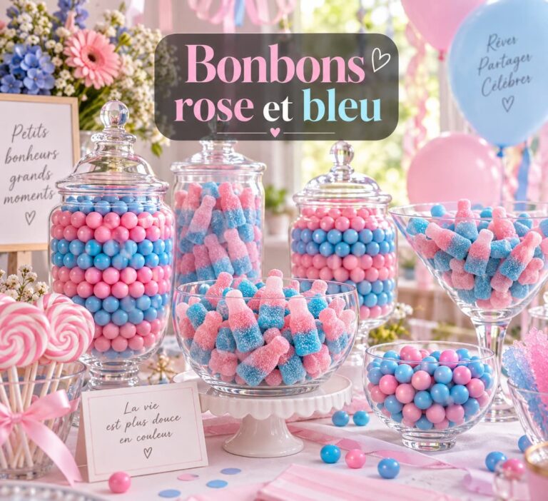 Un buffet de fête avec des bonbons roses et bleus dans des contenants transparents, des bouteilles bicolores et une décoration festive, et le texte 'Bonbons rose et bleu' affiché en surimpression.