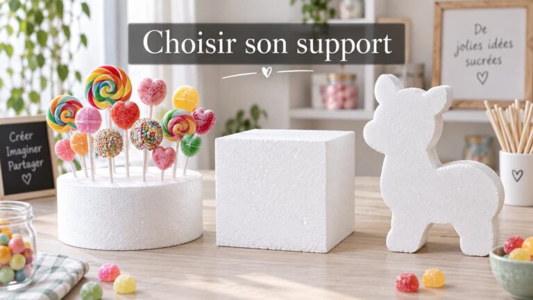 Trois supports en polystyrène blanc — rond, carré et silhouette animale — sont posés côte à côte sur un plan de travail clair, l’un d’eux à demi garni de bonbons colorés piqués, avec le texte 'Choisir son support' affiché.