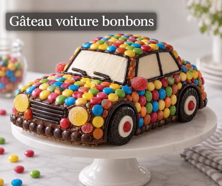 Gâteau d'anniversaire en forme de voiture recouvert de bonbons colorés, posé sur un présentoir simple, avec le texte superposé 'Gâteau voiture bonbons'.